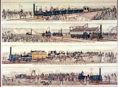 The opening of the Stockton and Darlington railroad, 1825; Locomotive race at Rainhill, near Liverpool, won by George Stephenson